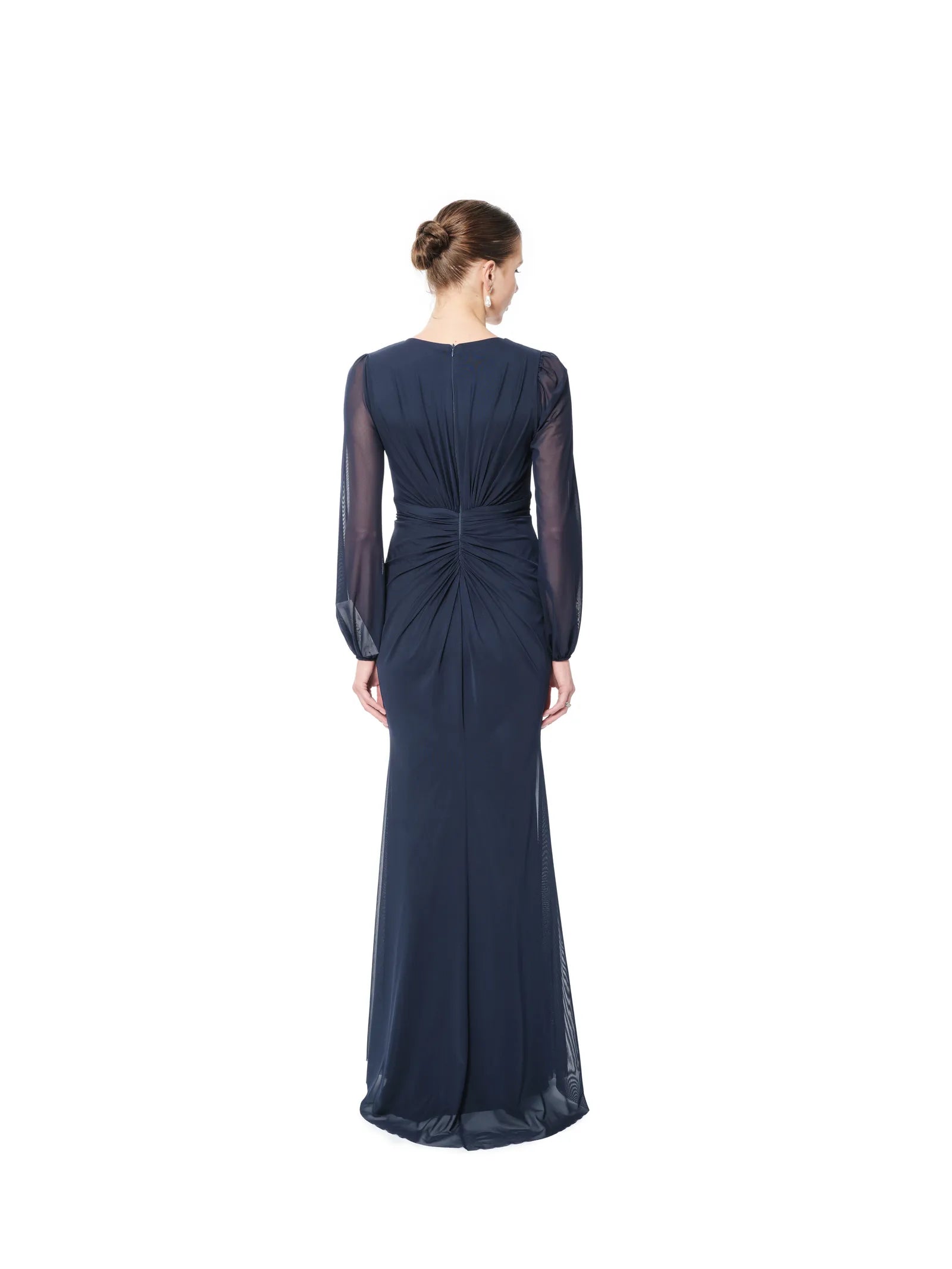 Evening gown long sleeve sheer beaded cutout