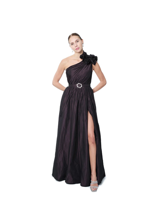Floral one shoulder evening gown with crystal belt and high slit