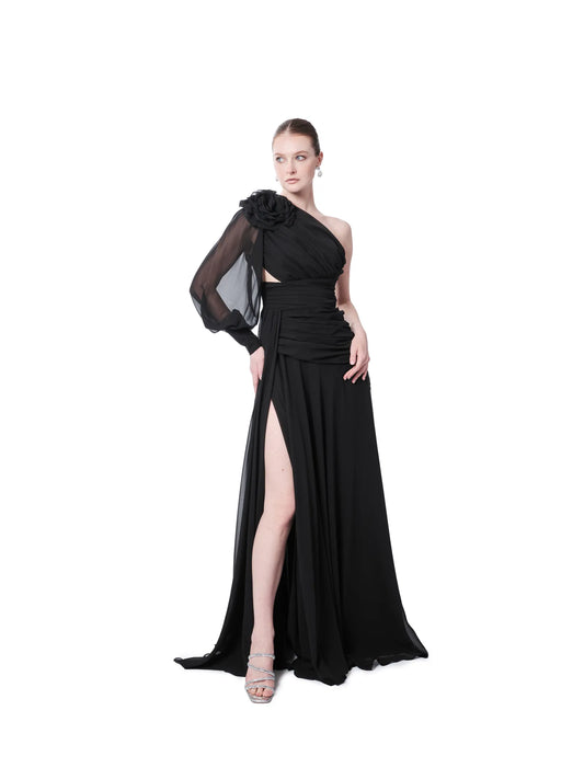 Pink one shoulder evening gown with floral detail, puffed sleeve and high slit