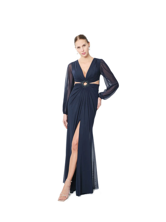 Long sleeve evening gown sheer with beaded cutout and V-neck