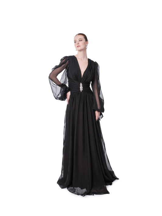 Long sleeve sheer evening gown with V-neck crystal waist and high slit