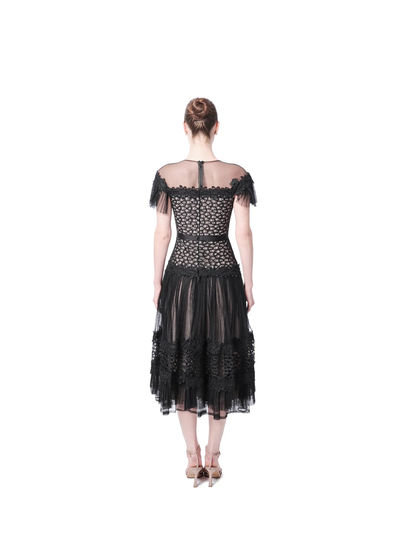 Midi cocktail dress lace off shoulder sheer