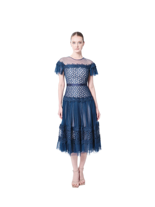 Midi dress lace with ruffle off shoulder and sheer overlay