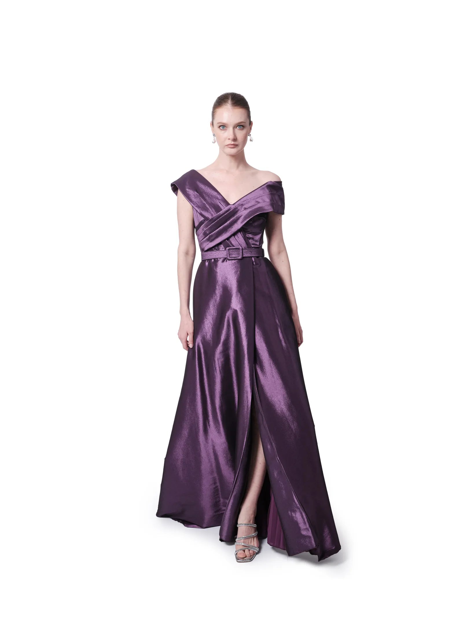 Off shoulder long evening dress with wrap bodice and belt
