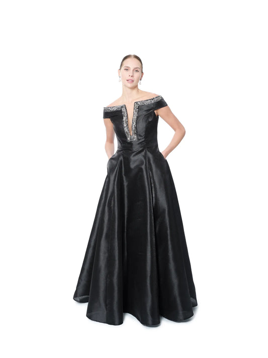Off shoulder evening gown satin with beaded V-neck and pockets