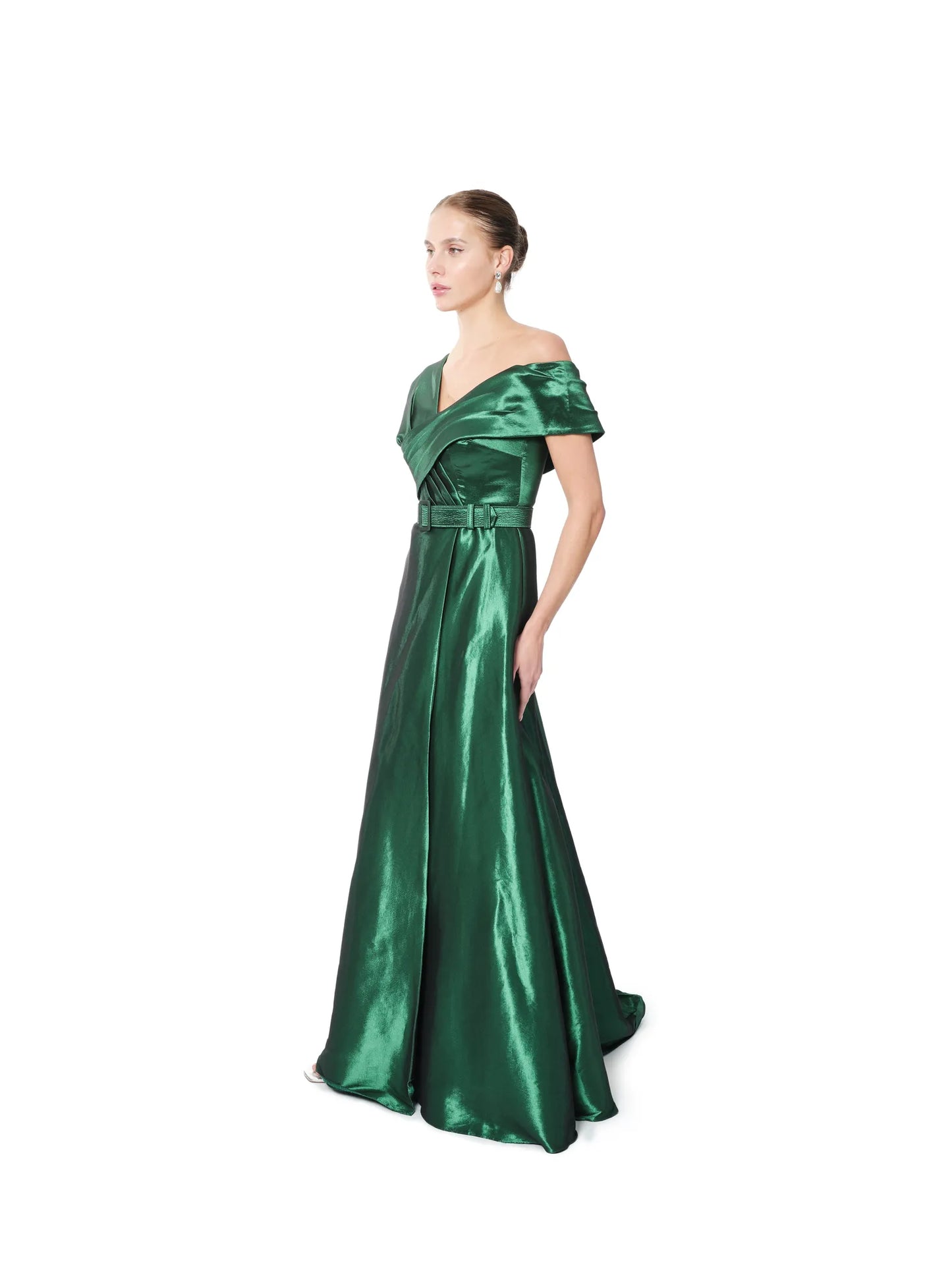 Off shoulder gown wrap bodice with belt