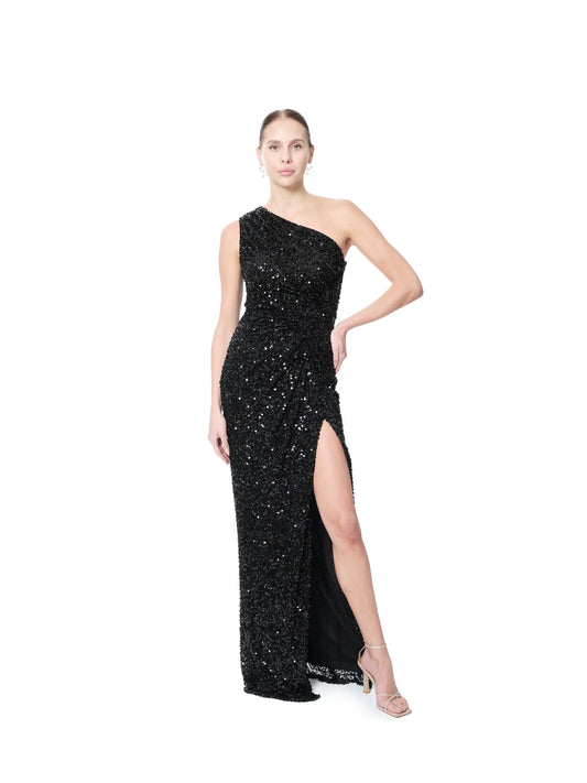One shoulder sequin evening dress with high slit