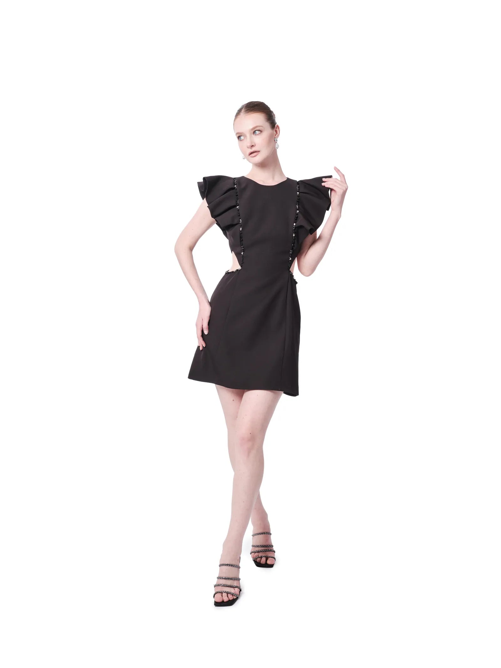 Ruffle shoulder party dress cutout fitted