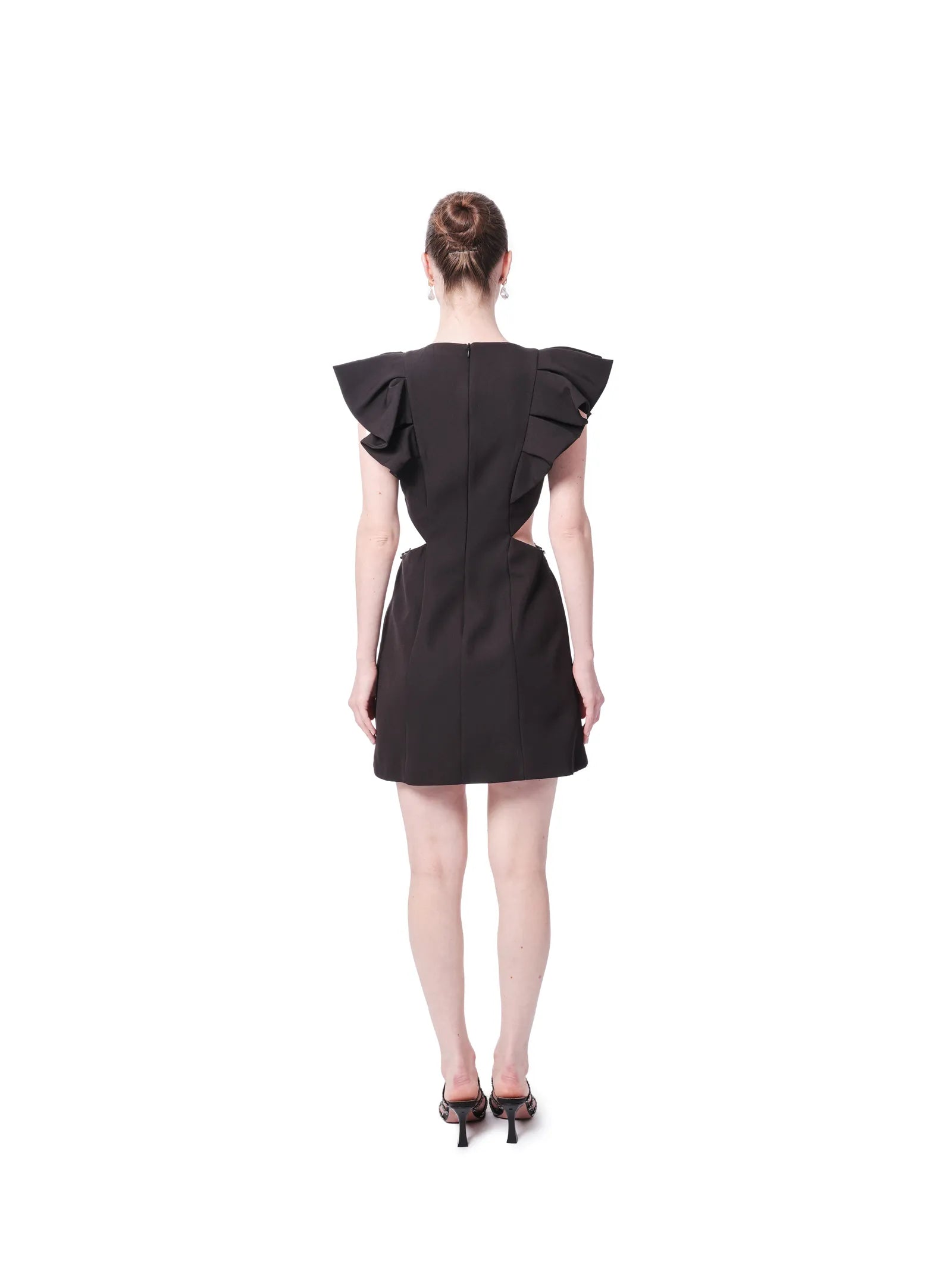 Short cocktail dress ruffle shoulder side cutout