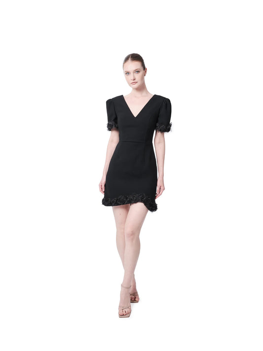 V-neck puff sleeve short dress with floral embellished hem