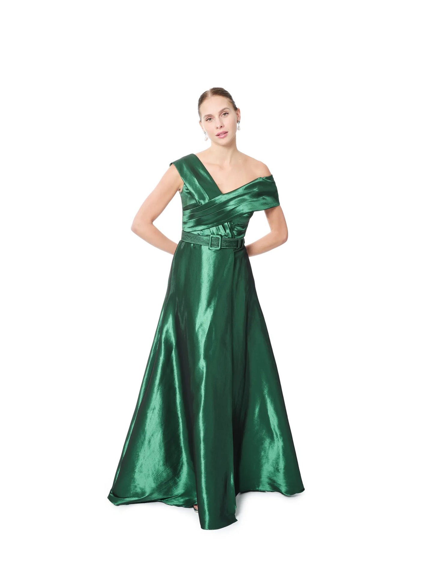 Wrap bodice gown off shoulder belt detail