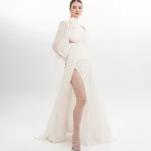 Floral One Shoulder Evening Gown Puffed Sleeve with High Slit