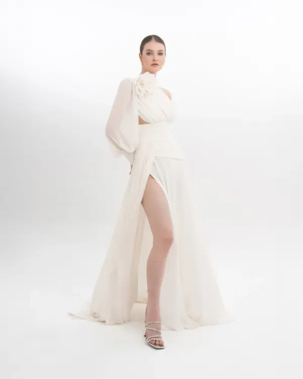 Floral One Shoulder Evening Gown Puffed Sleeve with High Slit