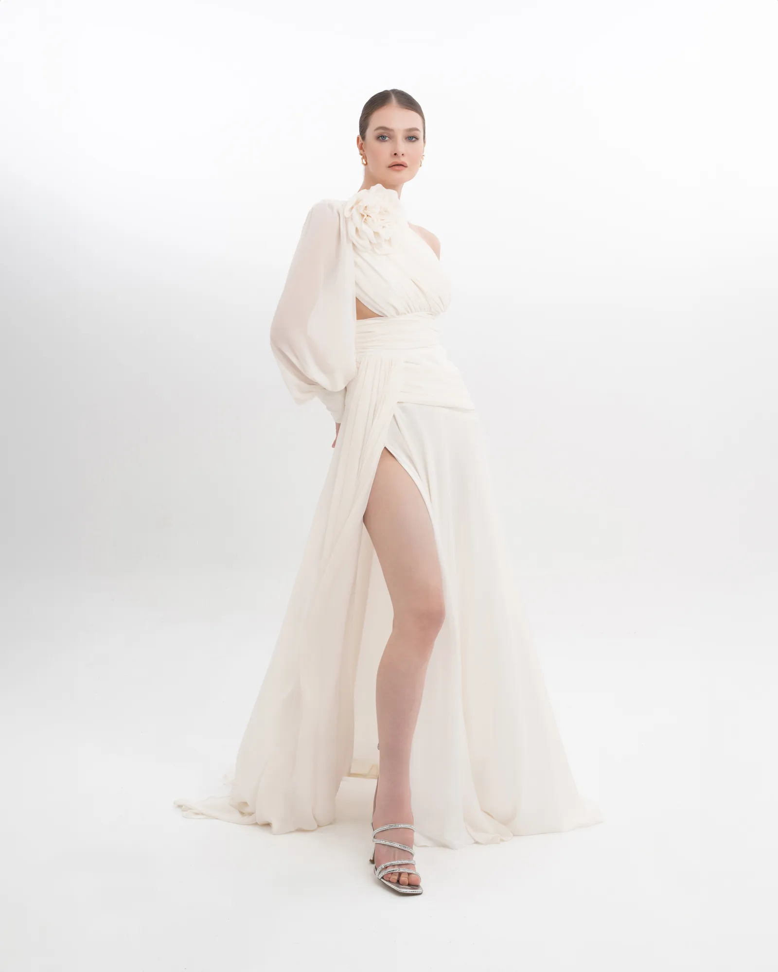 Floral One Shoulder Evening Gown Puffed Sleeve with High Slit