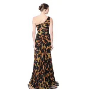 Abstract print evening gown one shoulder