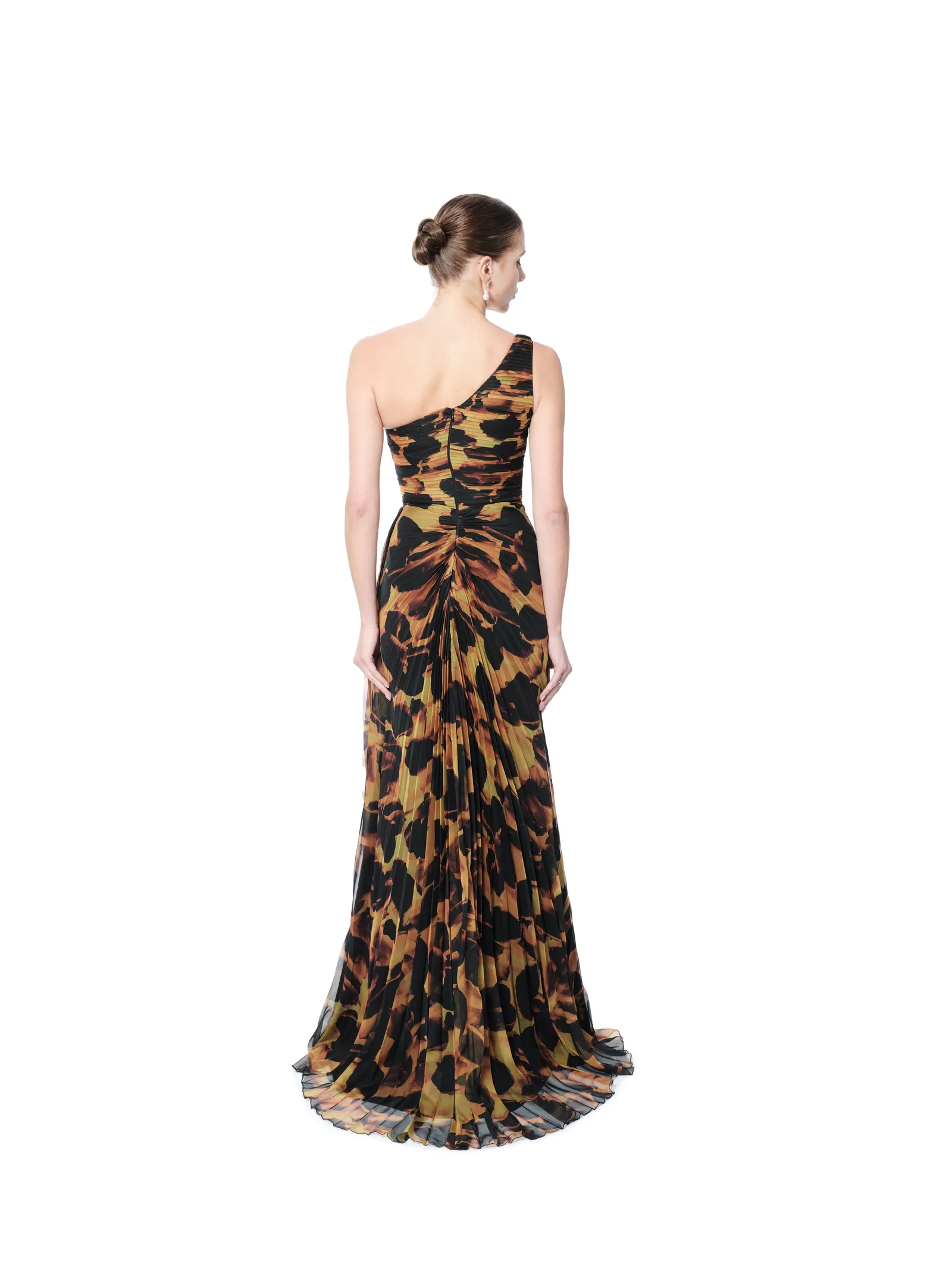 Abstract print evening gown one shoulder