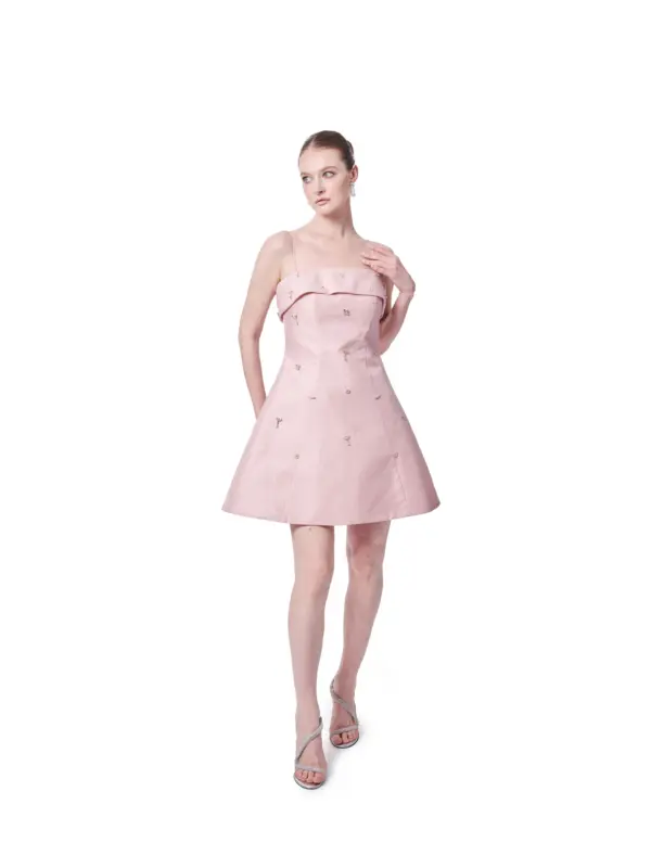 Pink Embellished Cocktail Dress Thin Straps A-Line