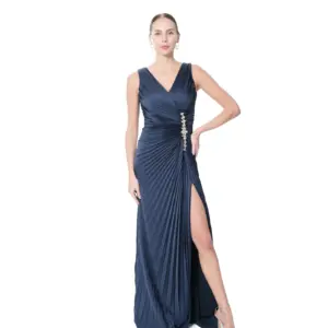Crystal waist evening dress pleated long