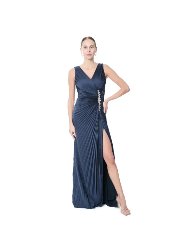 Crystal waist evening dress pleated long