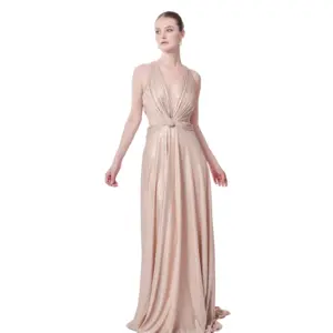 Deep V-neck evening gown side cutout with train