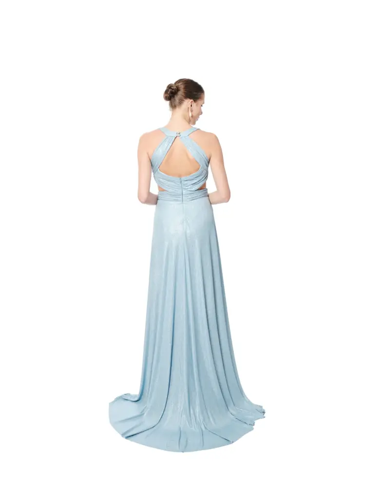 Deep V-neck gown train side cutout elegant