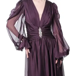Evening dress long sleeve crystal waist sheer