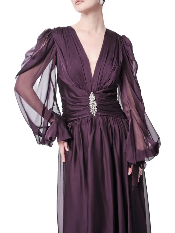 Evening dress long sleeve crystal waist sheer