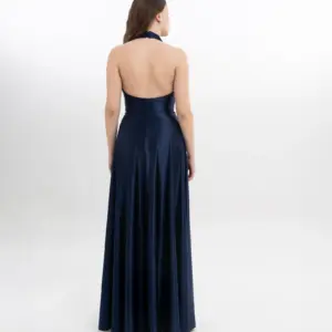 Evening dress metallic halter pleated back
