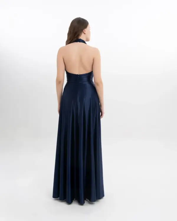 Evening dress metallic halter pleated back