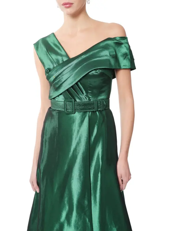 Evening dress off shoulder belted wrap back