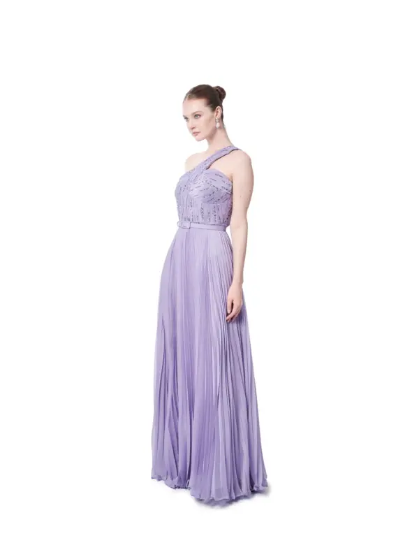 Evening dress one shoulder beaded pleated