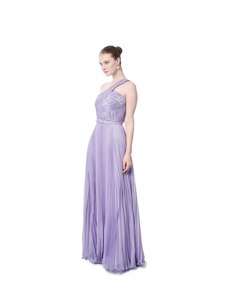 Evening dress one shoulder beaded pleated