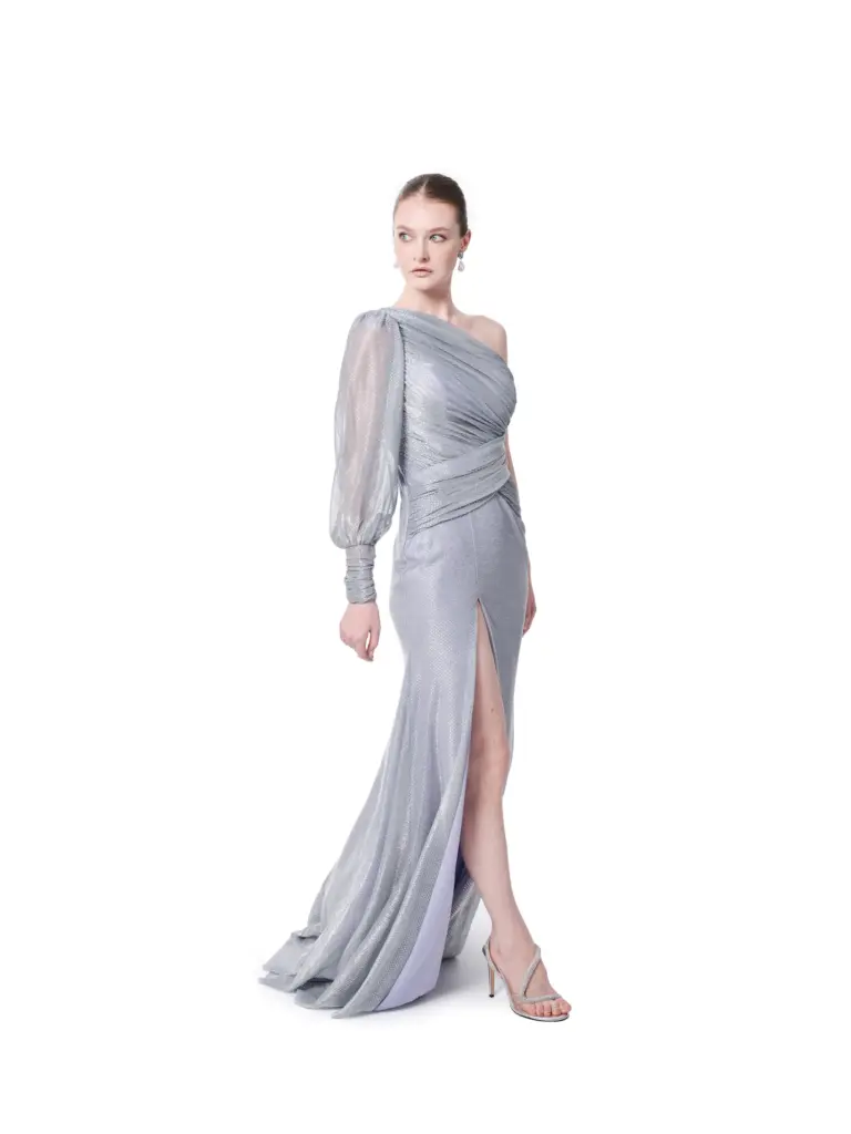 Evening dress one shoulder shimmer fabric