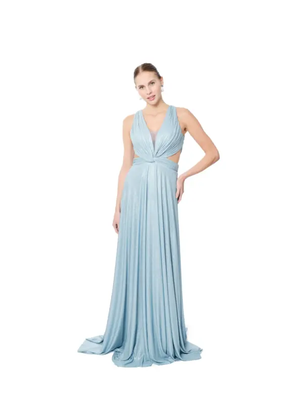 Evening dress V-neck train side cutout detail