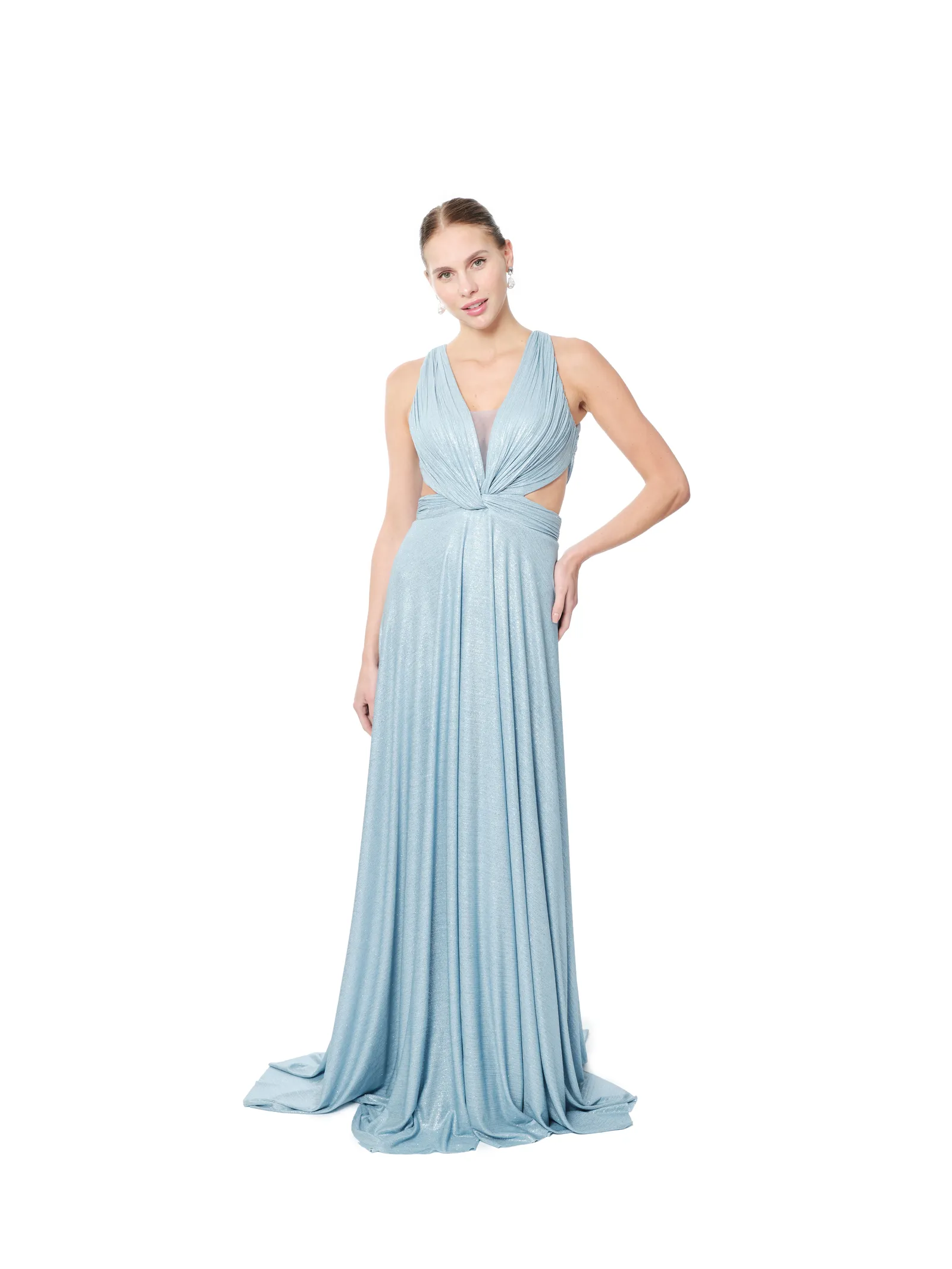 Evening dress V-neck train side cutout detail