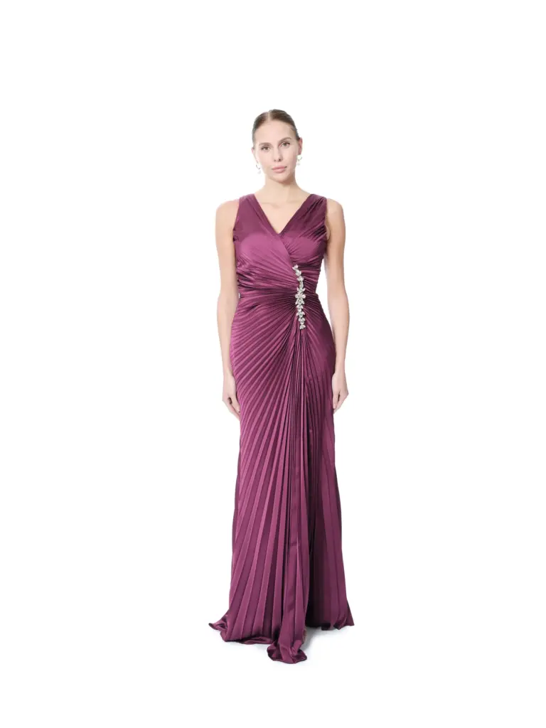 Evening gown long pleated crystal waist