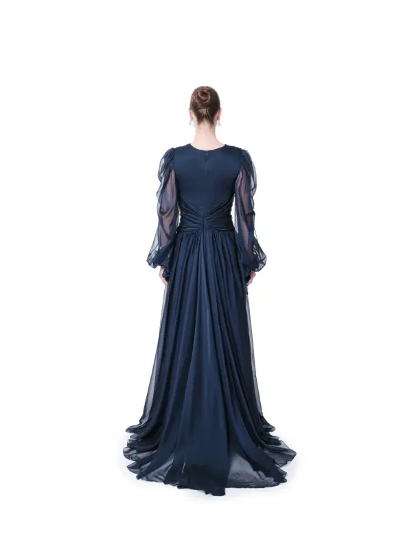 Evening gown long sleeve sheer crystal
