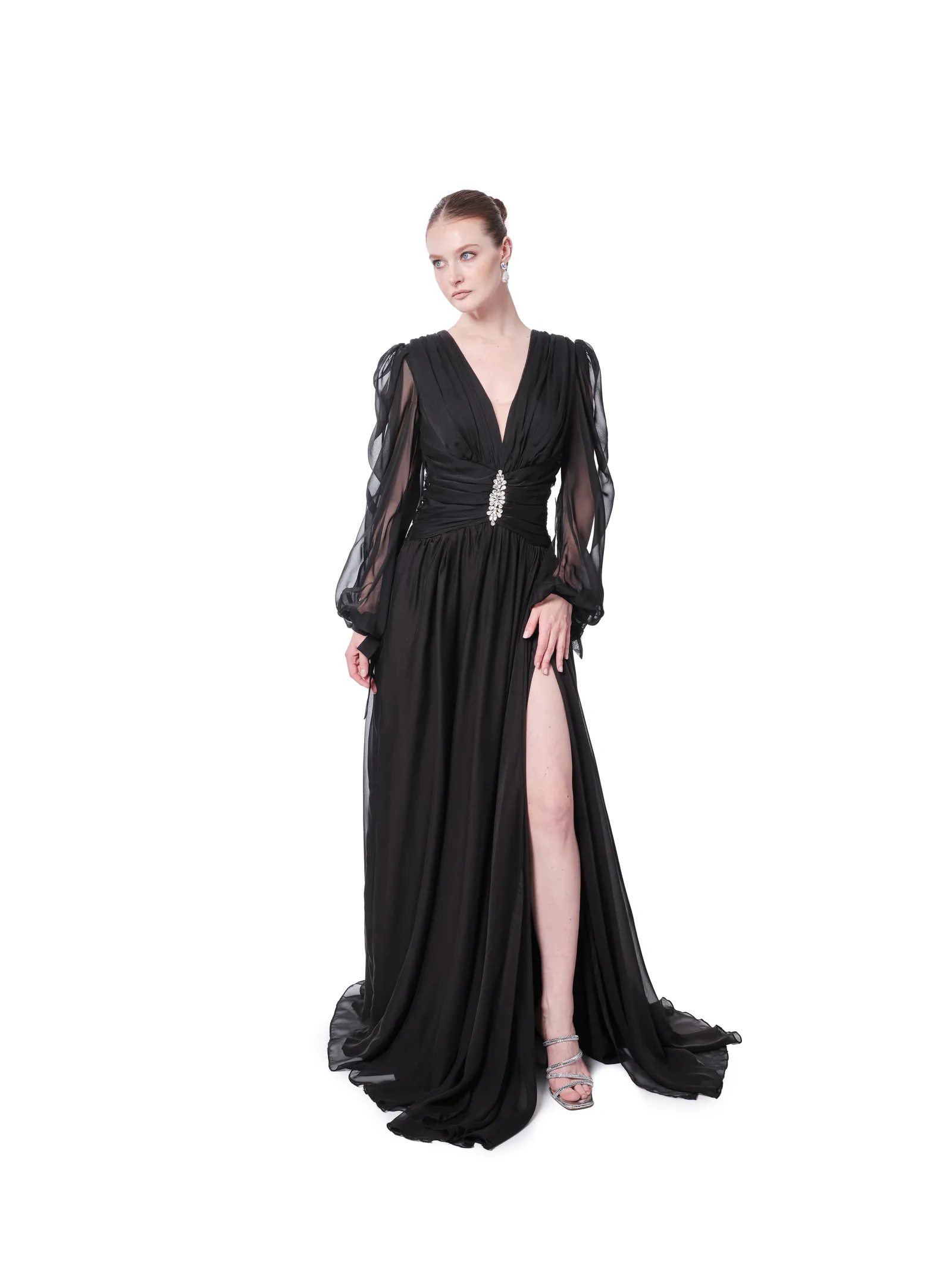 Evening gown long sleeve sheer crystal waist