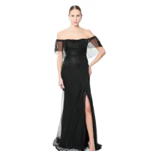Evening gown off shoulder pleated sheer