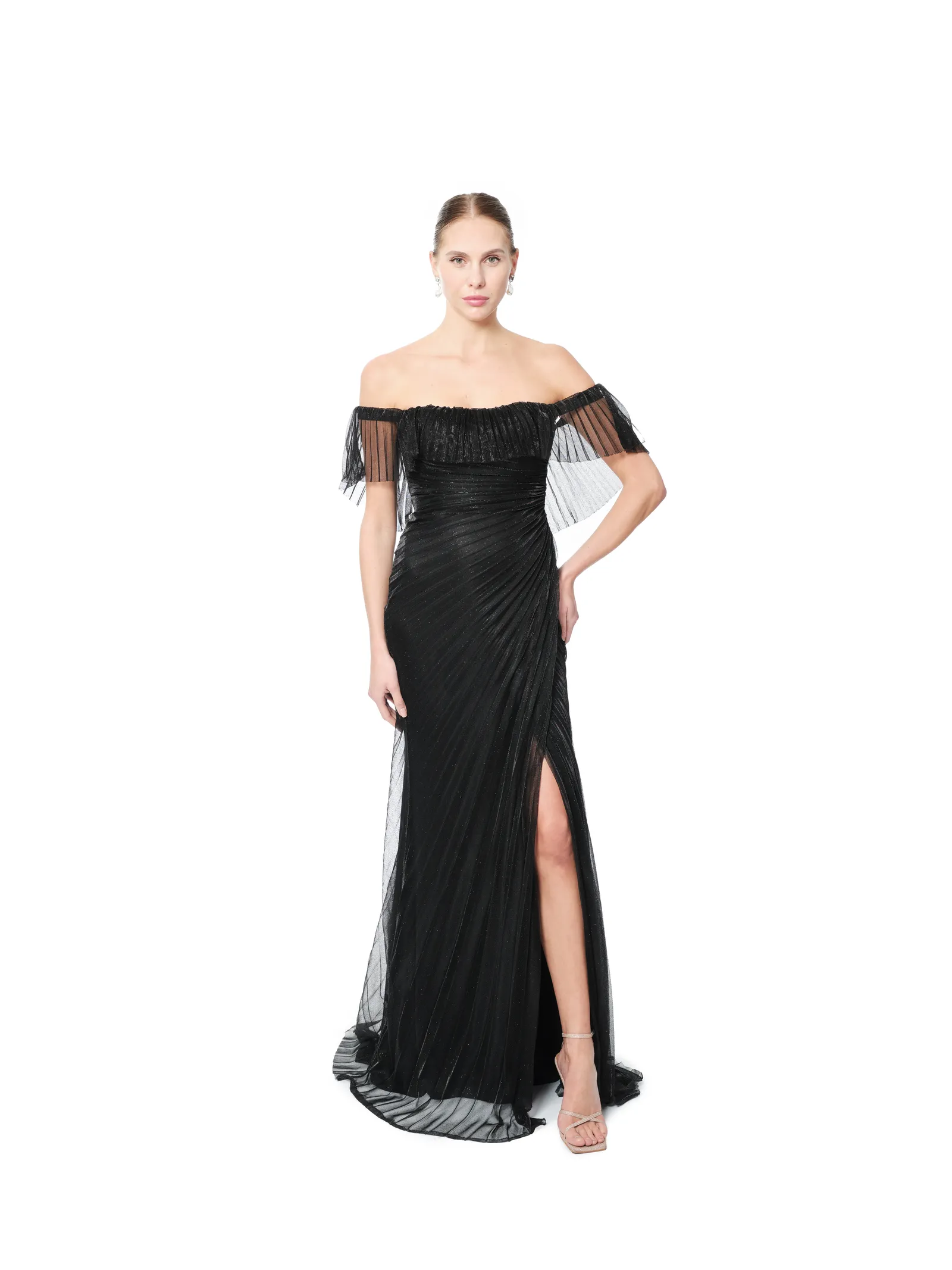 Evening gown off shoulder pleated sheer