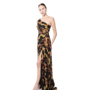 Evening gown one shoulder abstract print