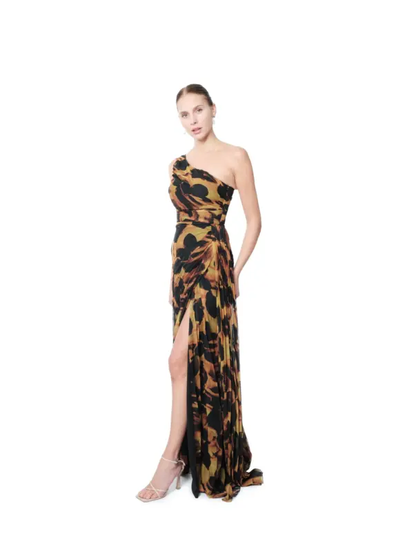 Evening gown one shoulder abstract print