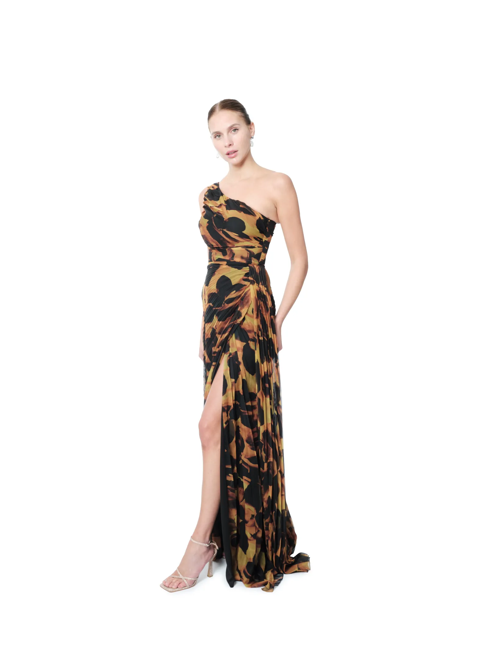 Evening gown one shoulder abstract print
