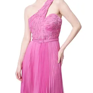 Evening gown one shoulder beaded pleated