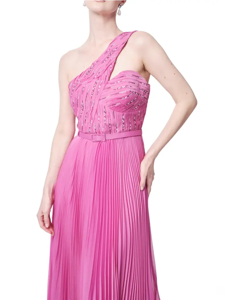 Evening gown one shoulder beaded pleated