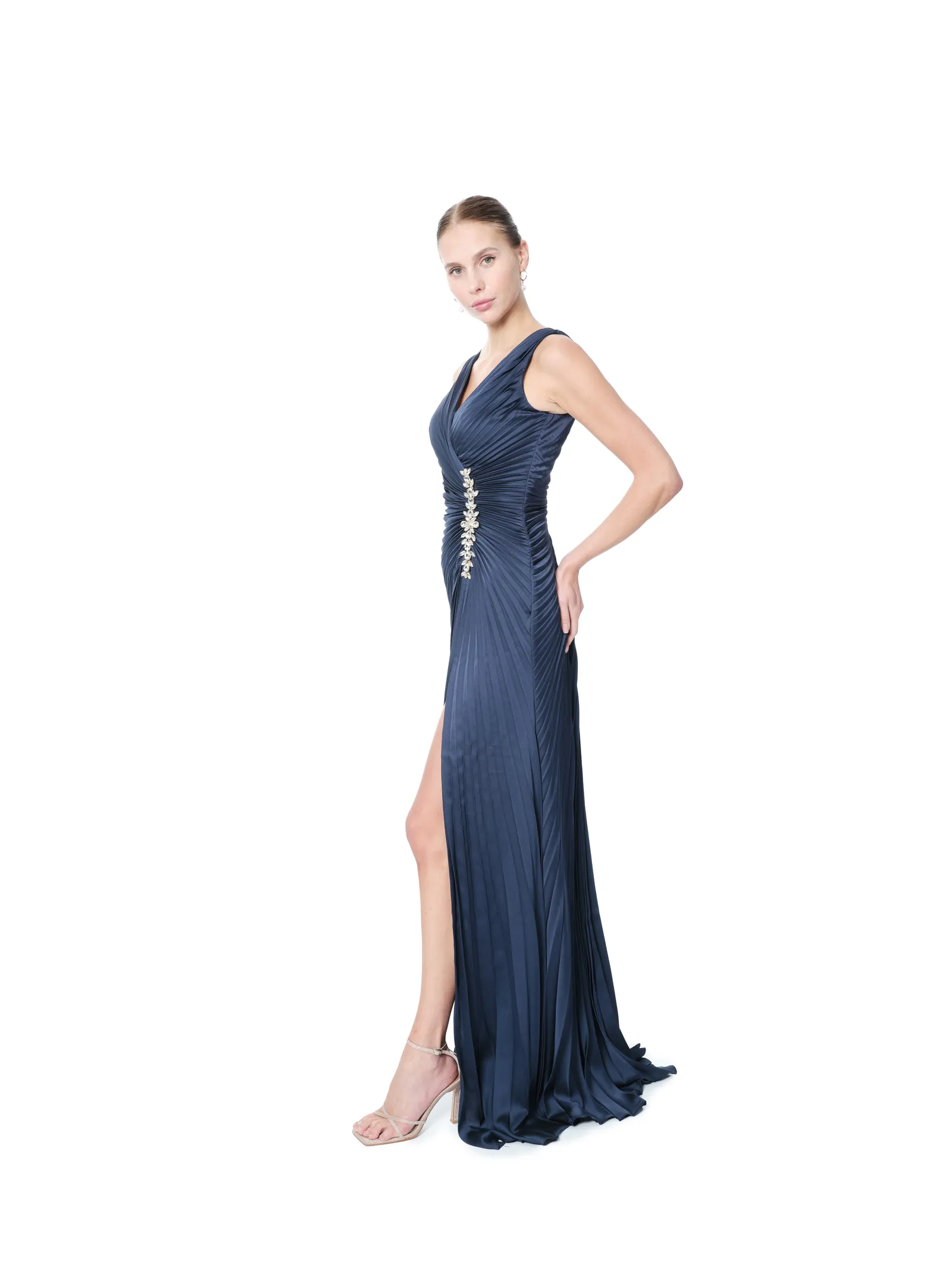 Evening gown pleated crystal waist formal