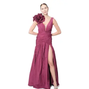 Evening gown sleeveless floral detail V-neck