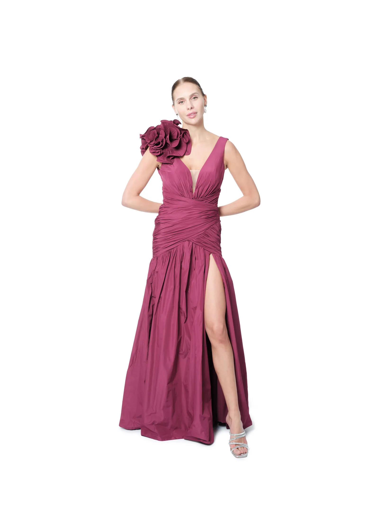 Evening gown sleeveless floral detail V-neck