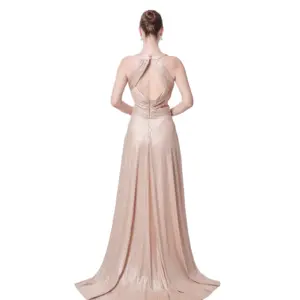 Evening gown with train V-neck side cutout design