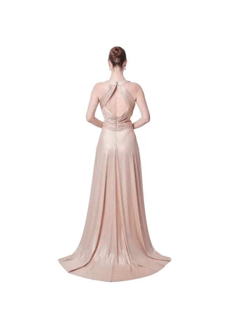 Evening gown with train V-neck side cutout design